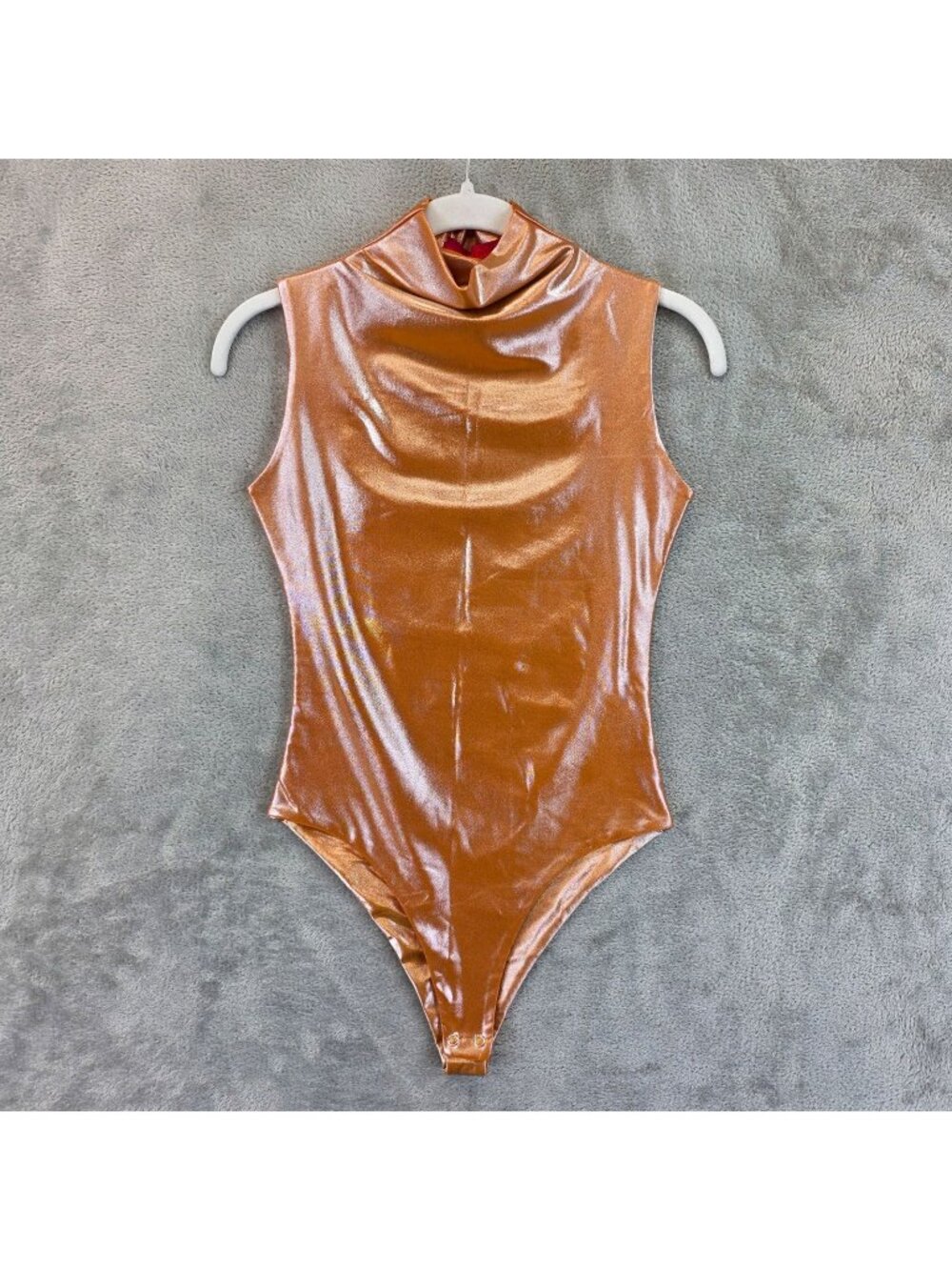 Coucoo Bodysuit Womens M Orange Mock Neck Sleeveless Metallic Stretch